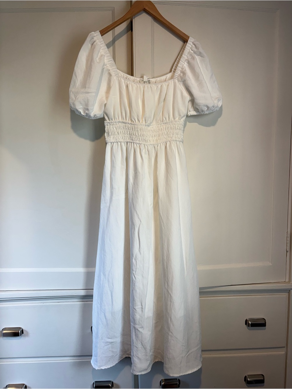 AUGUST SKY White Smocked Puff Sleeve Midi Dress NWT Cottagecore